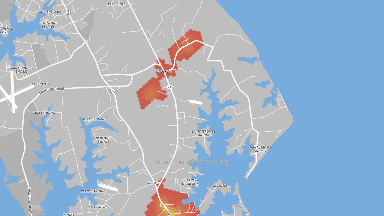 Walk Grade map of Dameron, MD, walkable areas in green and car-dependent areas in red