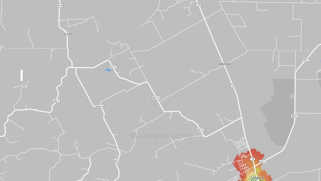 Walk Grade map of Dameron, MO, walkable areas in green and car-dependent areas in red