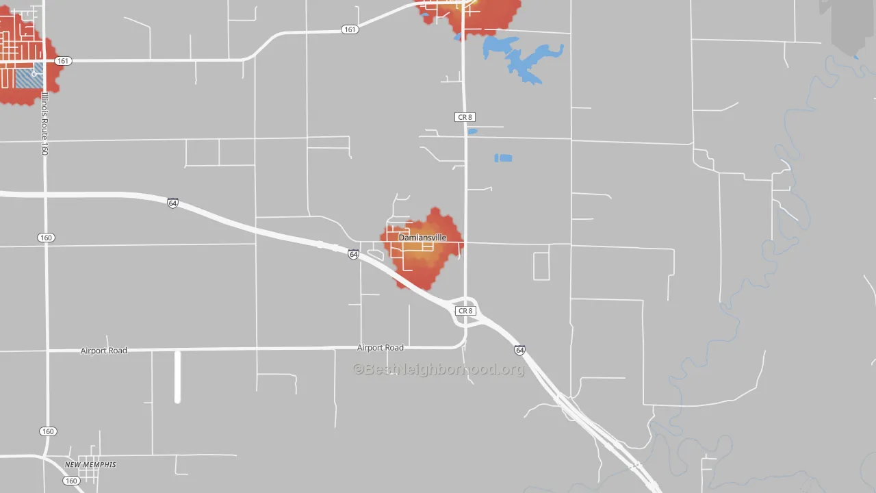 Walk Grade map of Damiansville, IL, walkable areas in green and car-dependent areas in red