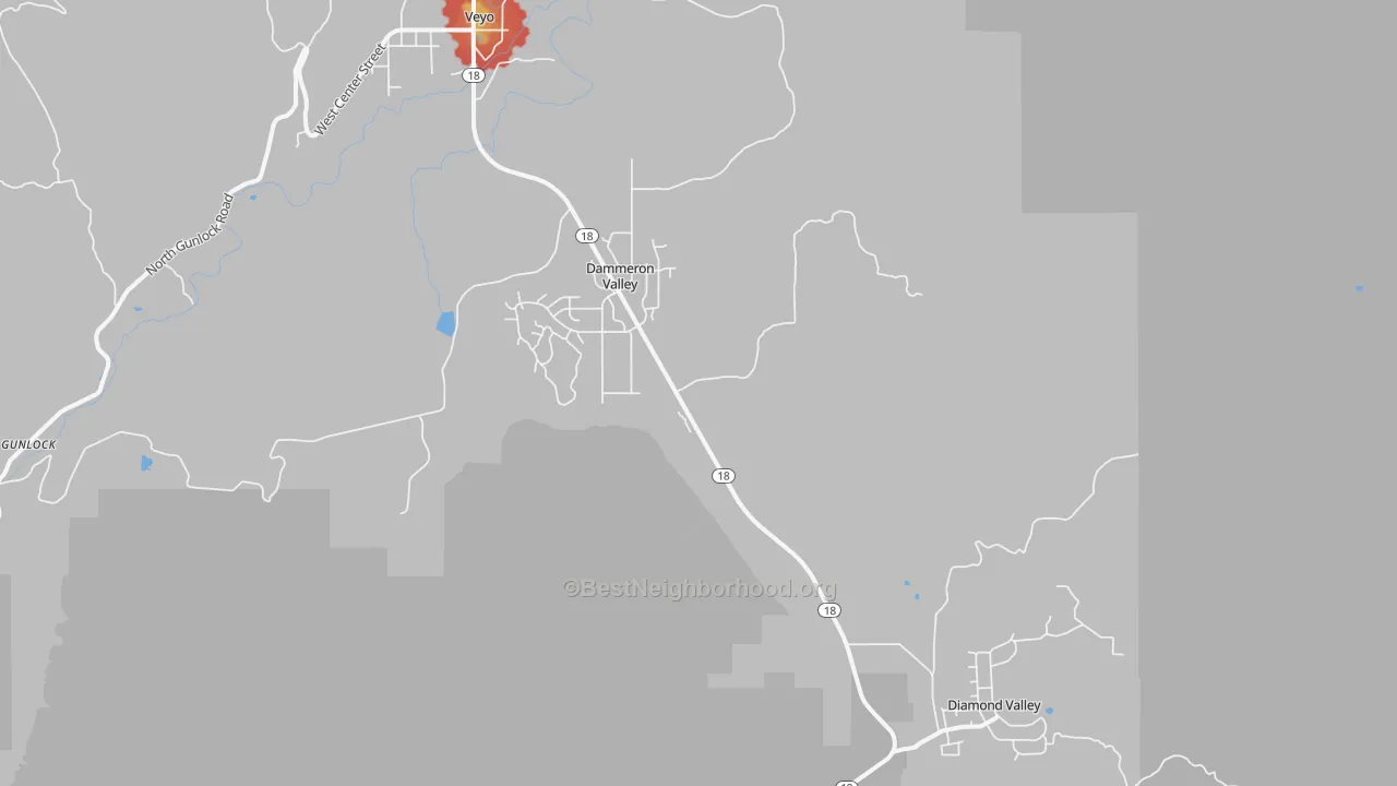 Walk Grade map of Dammeron Valley, UT, walkable areas in green and car-dependent areas in red