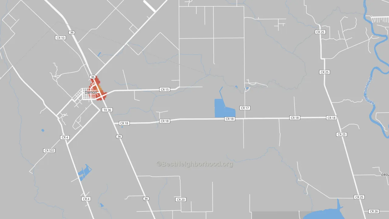 Walk Grade map of Damon, TX, walkable areas in green and car-dependent areas in red