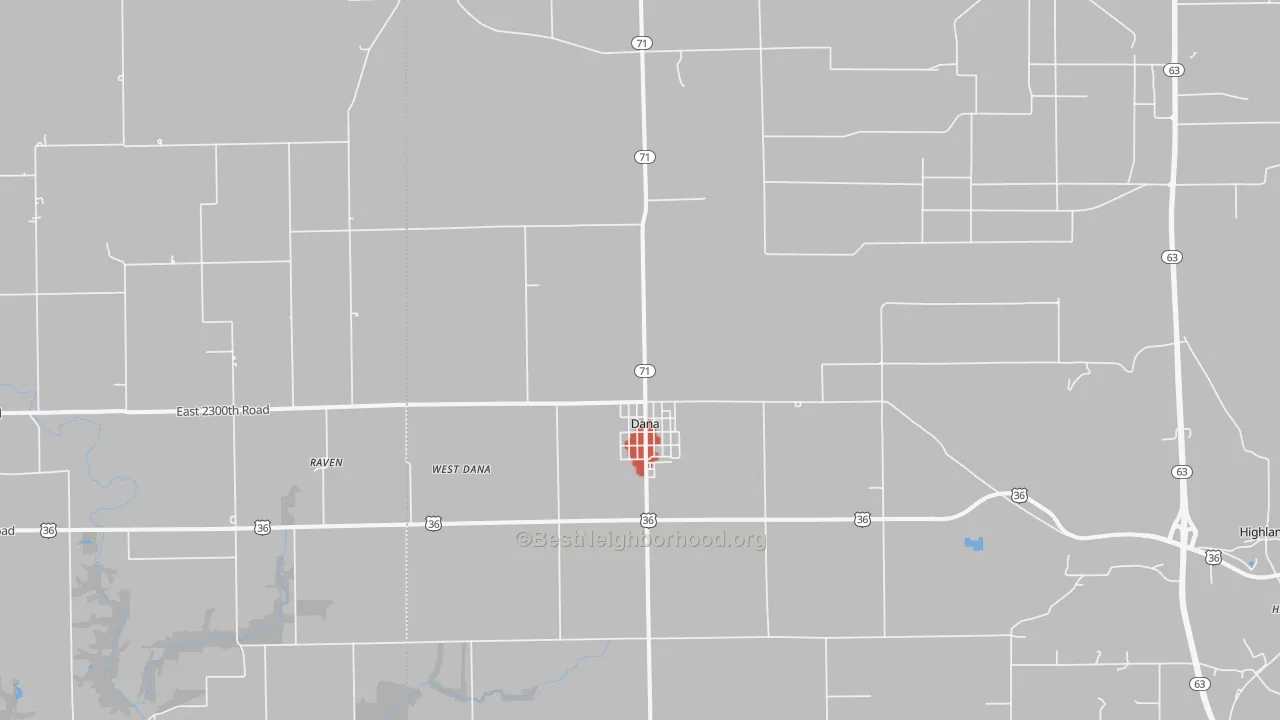 Walk Grade map of Dana, IN, walkable areas in green and car-dependent areas in red