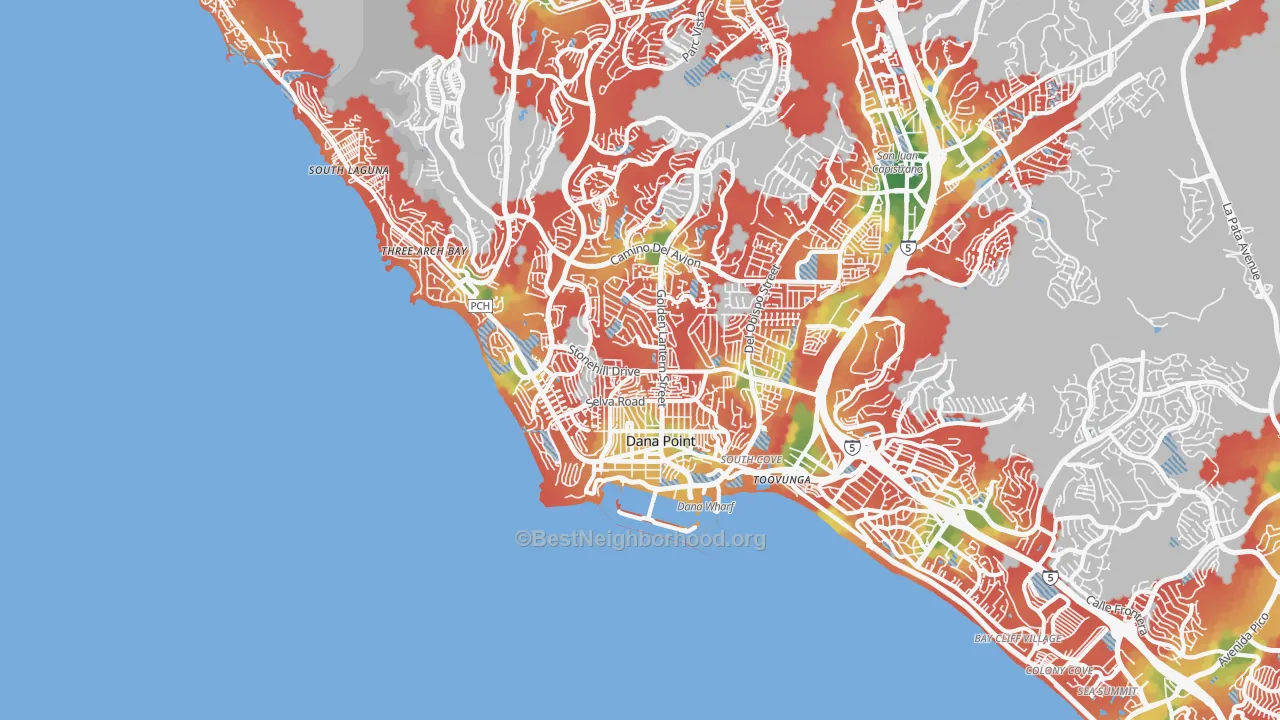 Walk Grade map of Dana Point, CA, walkable areas in green and car-dependent areas in red