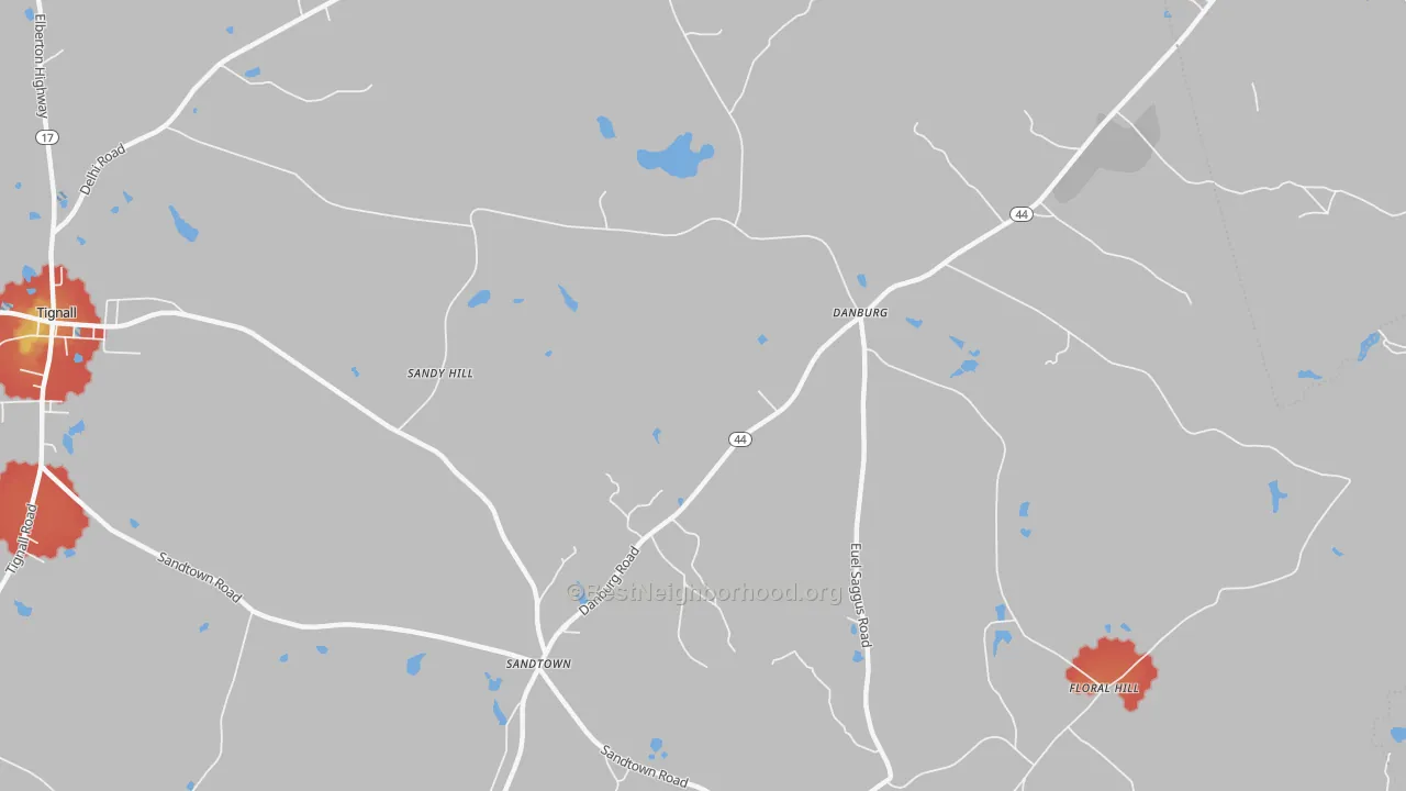 Walk Grade map of Danburg, GA, walkable areas in green and car-dependent areas in red