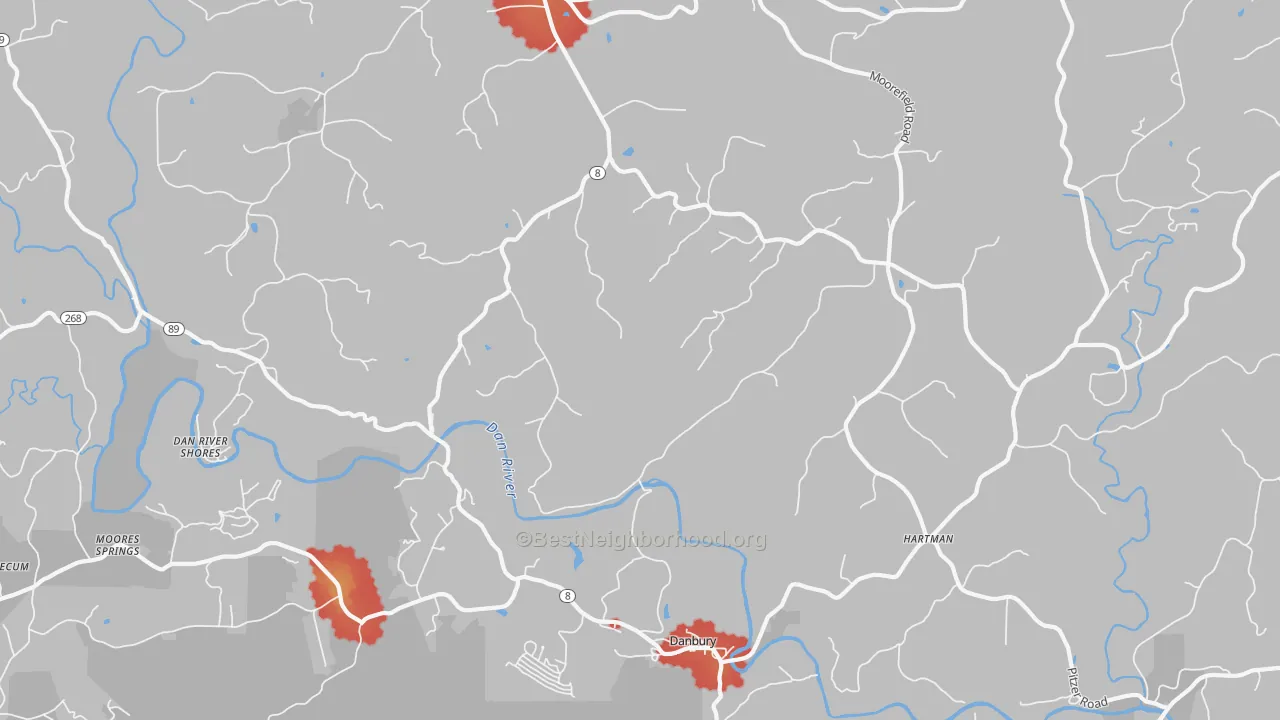 Walk Grade map of Danbury, NC, walkable areas in green and car-dependent areas in red
