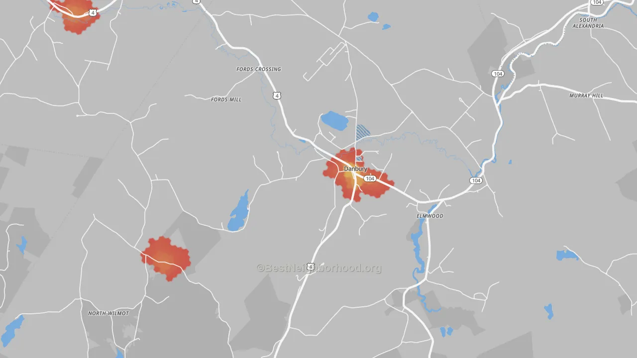 Walk Grade map of Danbury, NH, walkable areas in green and car-dependent areas in red