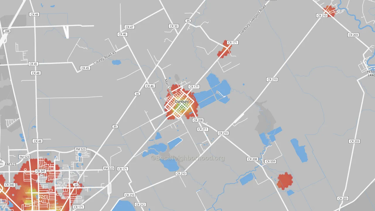 Walk Grade map of Danbury, TX, walkable areas in green and car-dependent areas in red