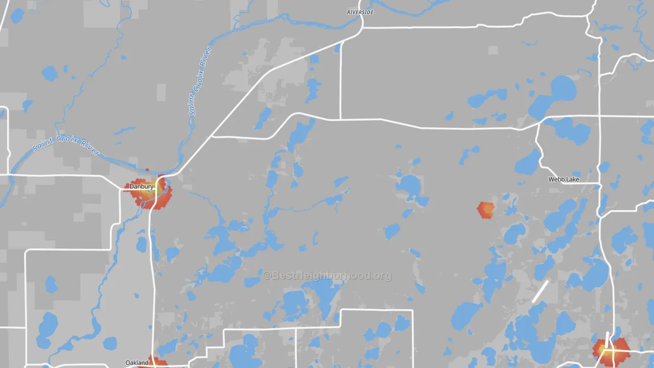 Walk Grade map of Danbury, WI, walkable areas in green and car-dependent areas in red