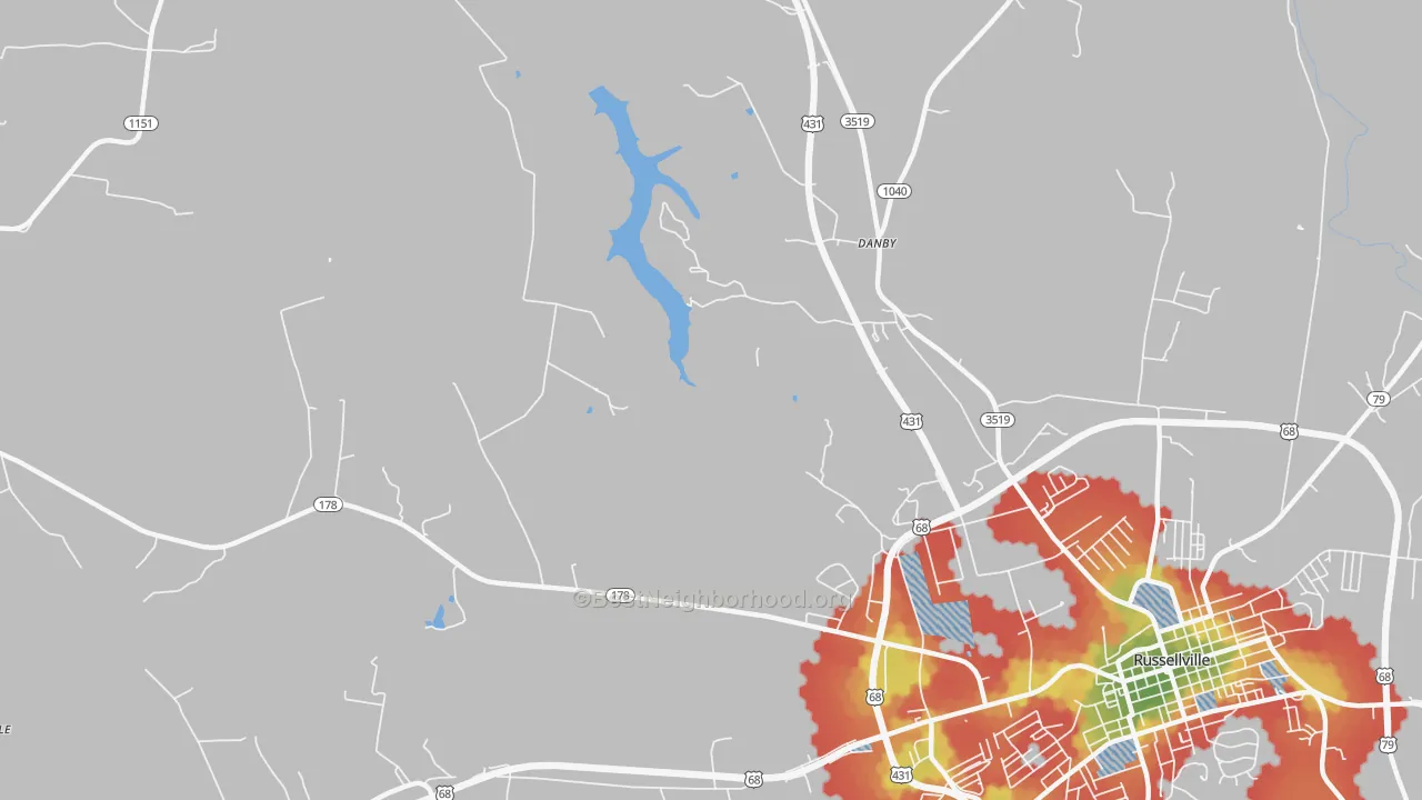 Walk Grade map of Danby, KY, walkable areas in green and car-dependent areas in red