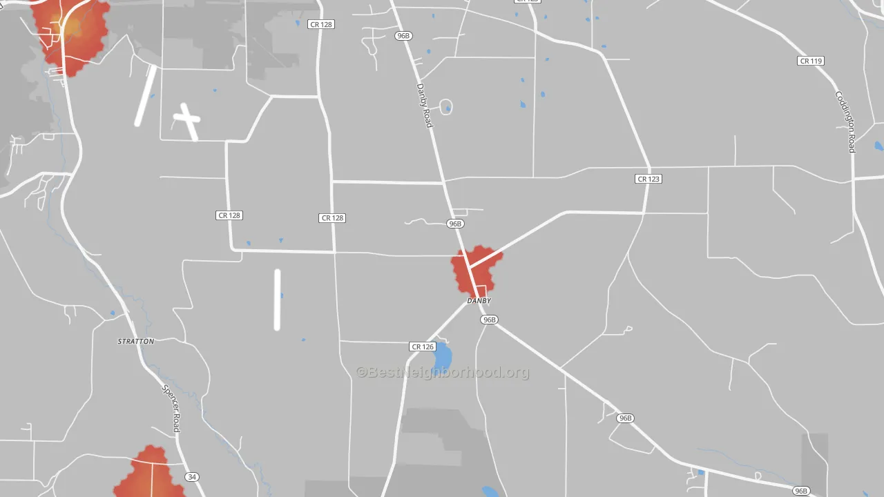 Walk Grade map of Danby, NY, walkable areas in green and car-dependent areas in red