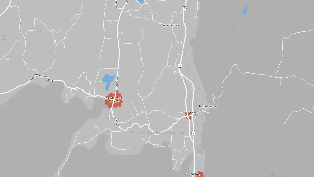 Walk Grade map of Danby, VT, walkable areas in green and car-dependent areas in red