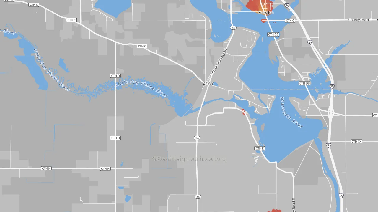 Walk Grade map of Dancy, WI, walkable areas in green and car-dependent areas in red