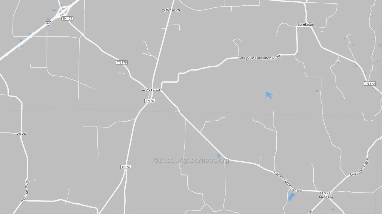 Walk Grade map of Dancyville, TN, walkable areas in green and car-dependent areas in red