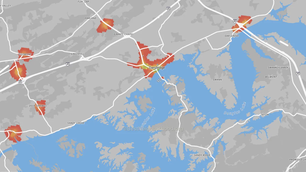 Walk Grade map of Dandridge, TN, walkable areas in green and car-dependent areas in red