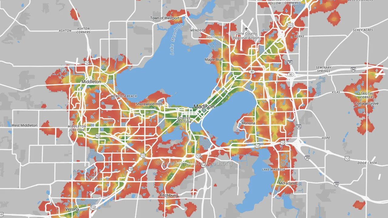 Walk Grade map of Dane County, WI, walkable areas in green and car-dependent areas in red