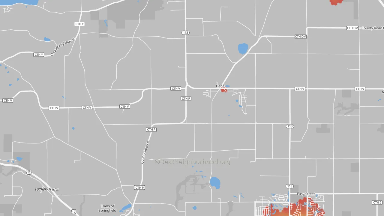 Walk Grade map of Dane, WI, walkable areas in green and car-dependent areas in red