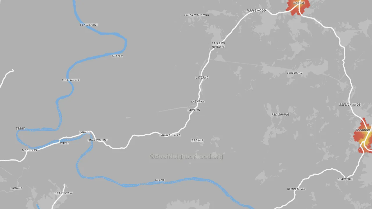 Walk Grade map of Danese, WV, walkable areas in green and car-dependent areas in red