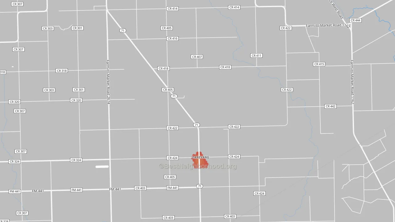 Walk Grade map of Danevang, TX, walkable areas in green and car-dependent areas in red