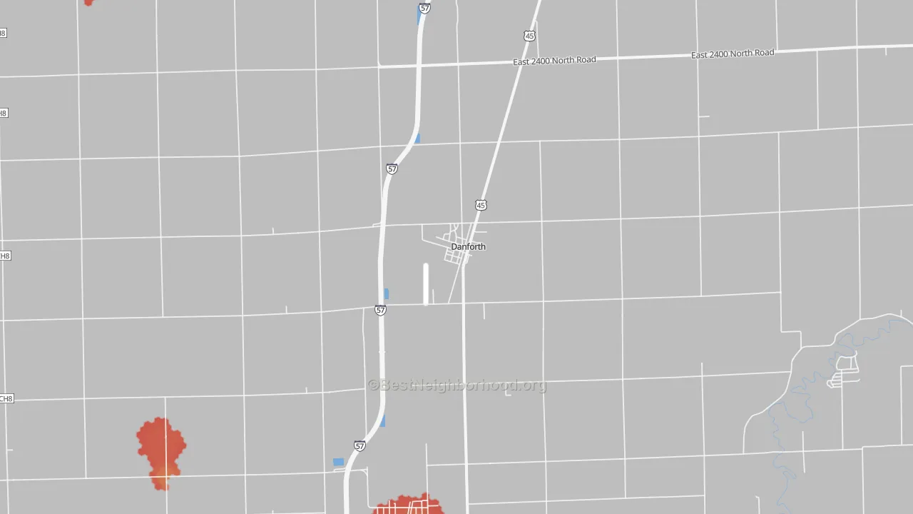 Walk Grade map of Danforth, IL, walkable areas in green and car-dependent areas in red