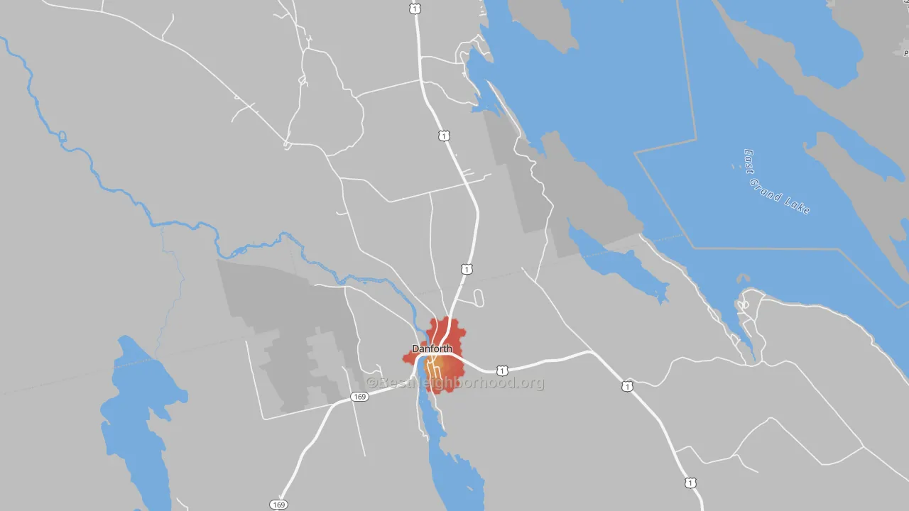Walk Grade map of Danforth, ME, walkable areas in green and car-dependent areas in red