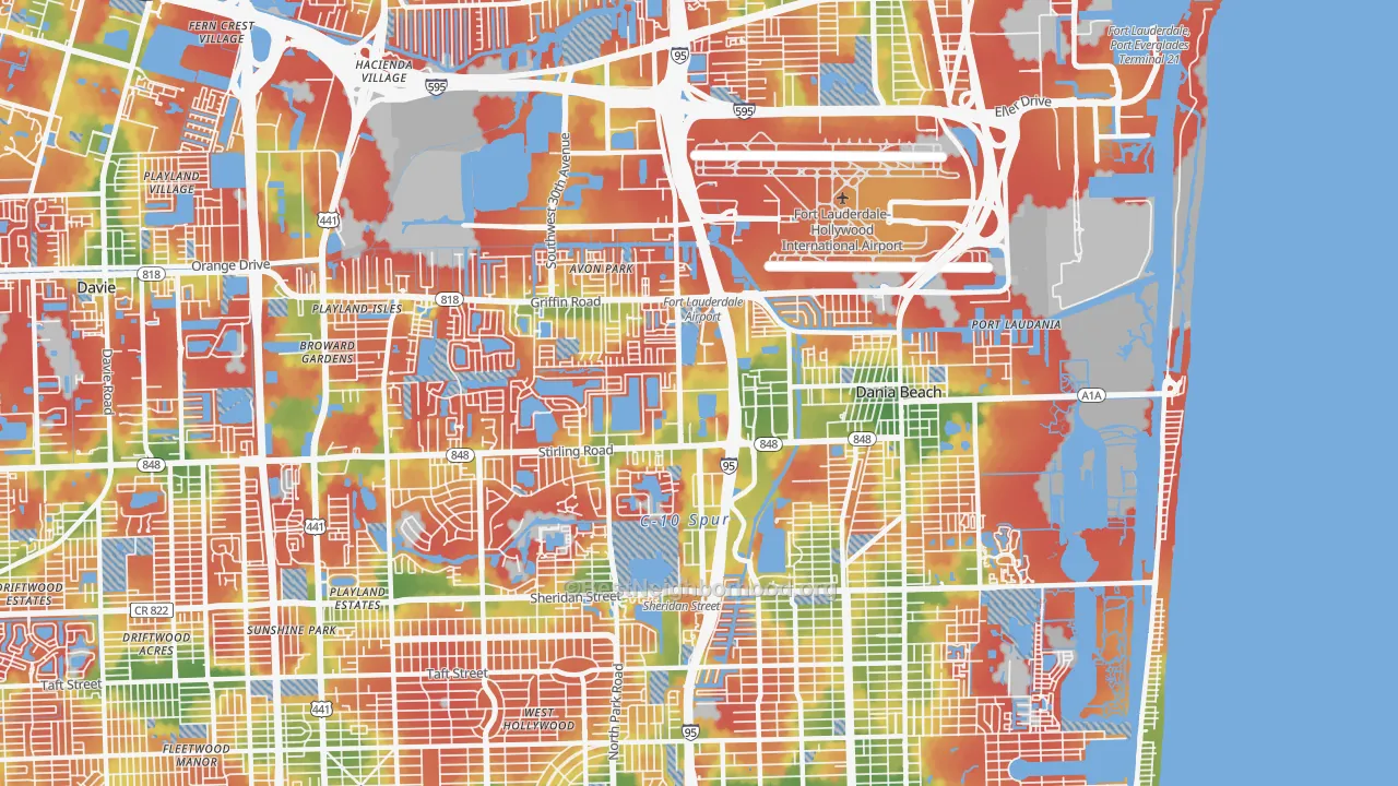 Walk Grade map of Dania Beach, FL, walkable areas in green and car-dependent areas in red