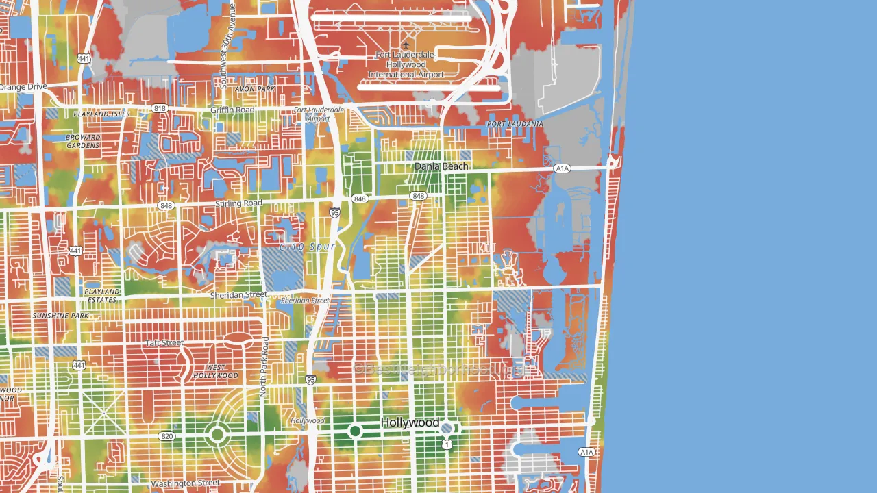 Walk Grade map of Dania, FL, walkable areas in green and car-dependent areas in red