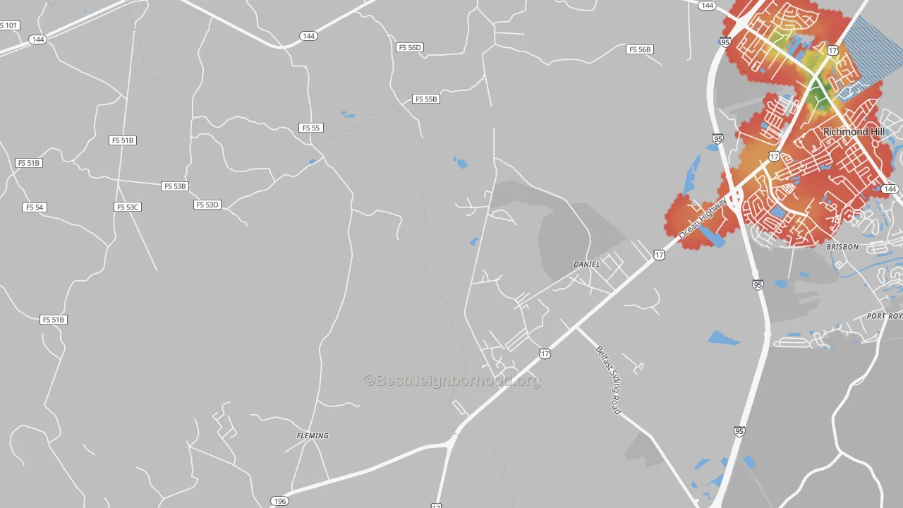 Walk Grade map of Daniel, GA, walkable areas in green and car-dependent areas in red