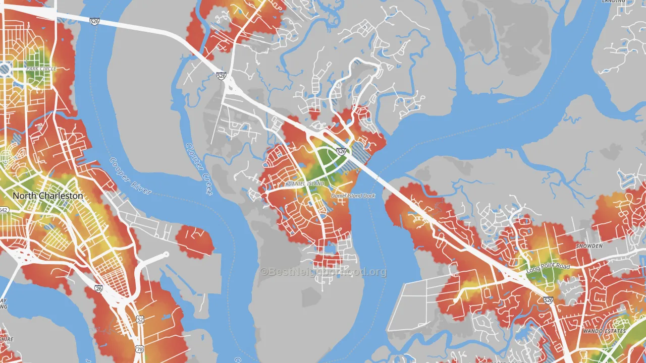 Walk Grade map of Daniel Island, Charleston, SC, walkable areas in green and car-dependent areas in red