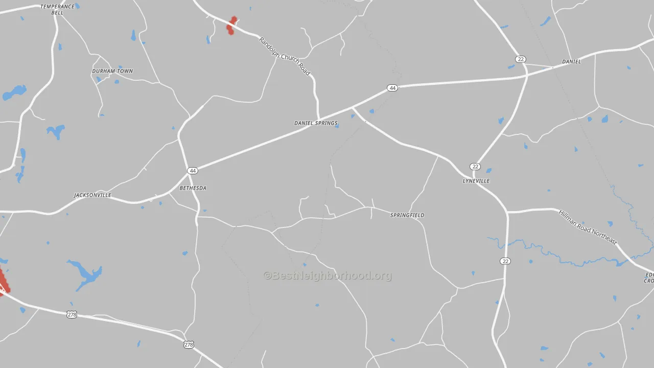 Walk Grade map of Daniel Springs, GA, walkable areas in green and car-dependent areas in red