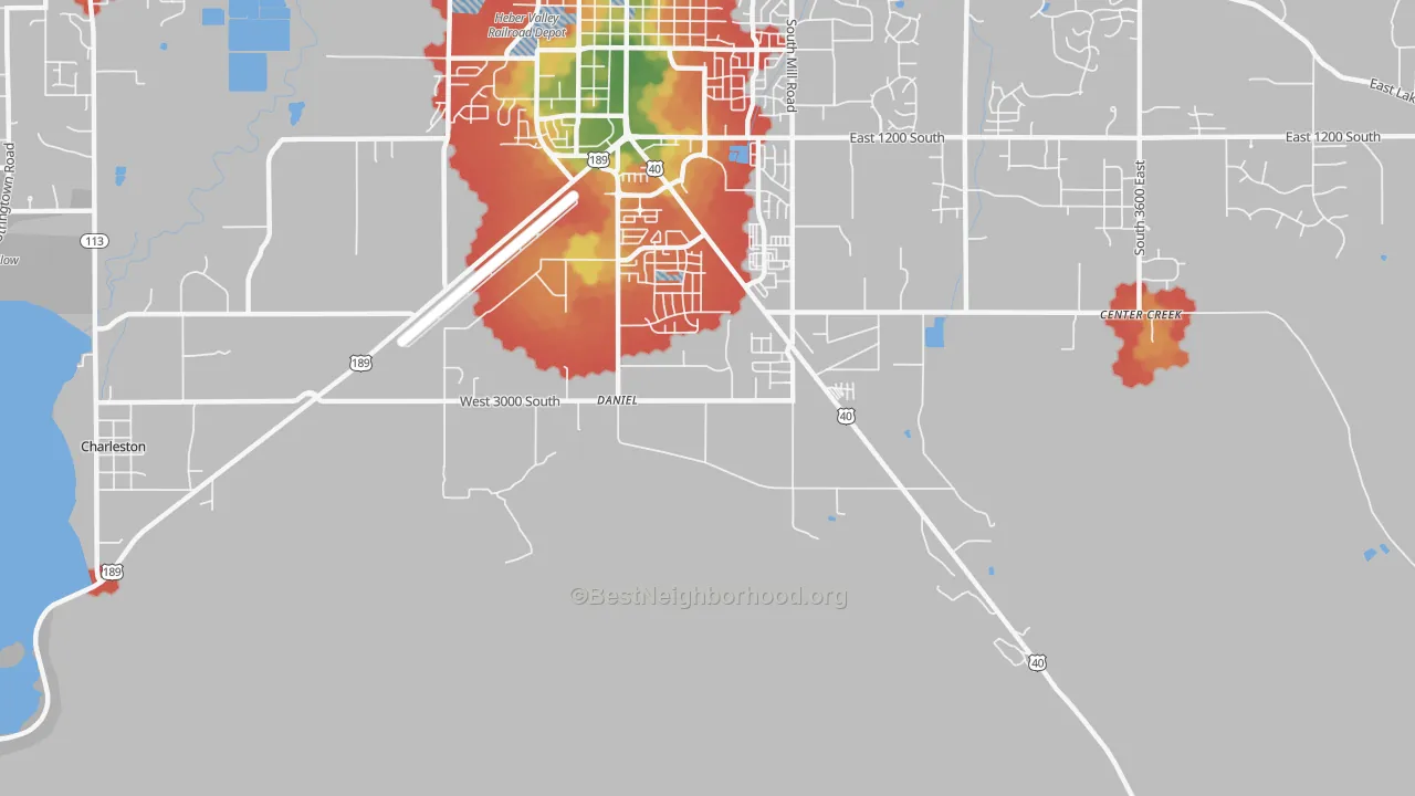 Walk Grade map of Daniel, UT, walkable areas in green and car-dependent areas in red