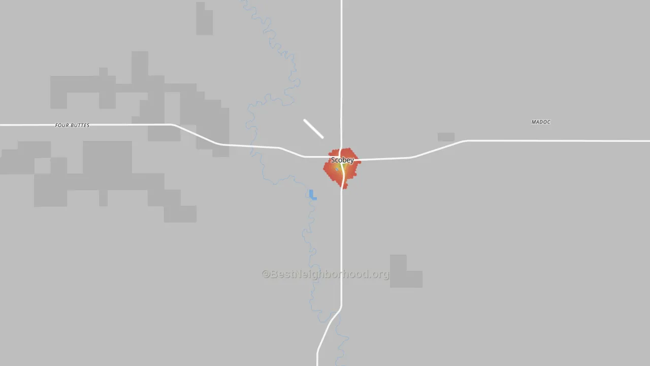 Walk Grade map of Daniels County, MT, walkable areas in green and car-dependent areas in red