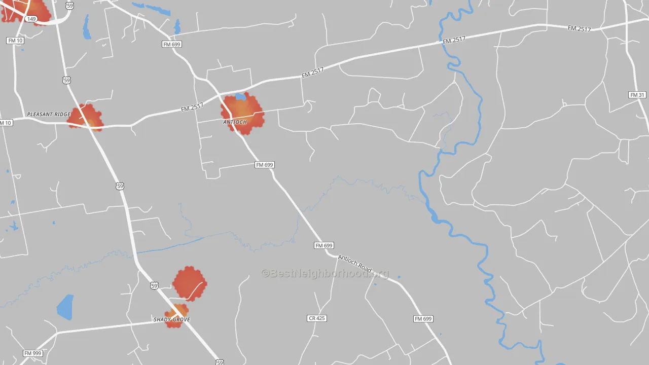 Walk Grade map of Daniels, TX, walkable areas in green and car-dependent areas in red