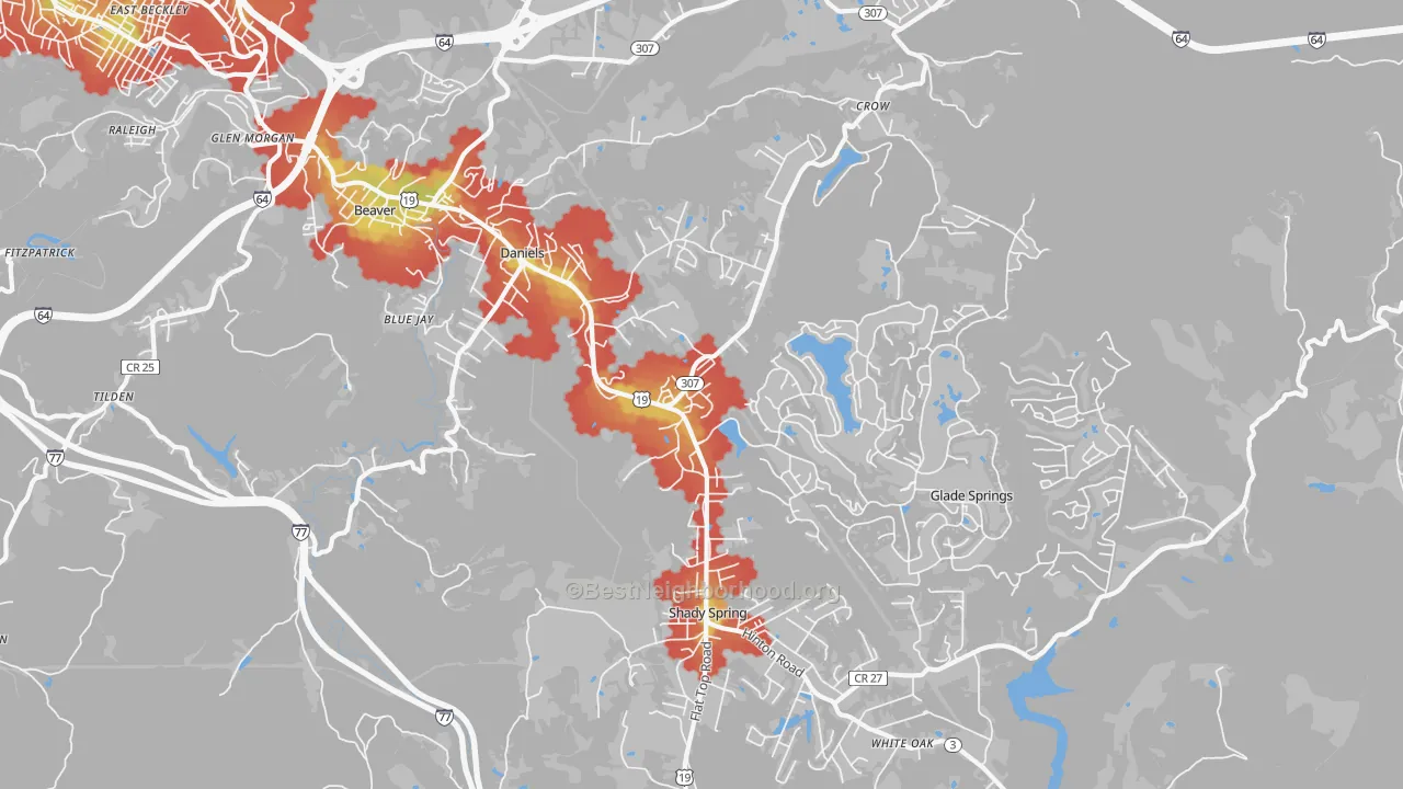 Walk Grade map of Daniels, WV, walkable areas in green and car-dependent areas in red