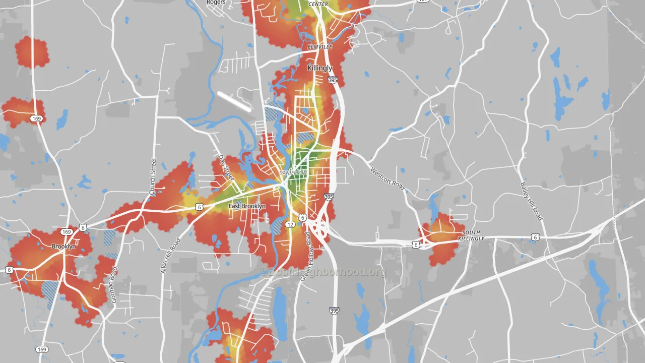 Walk Grade map of Danielson, CT, walkable areas in green and car-dependent areas in red