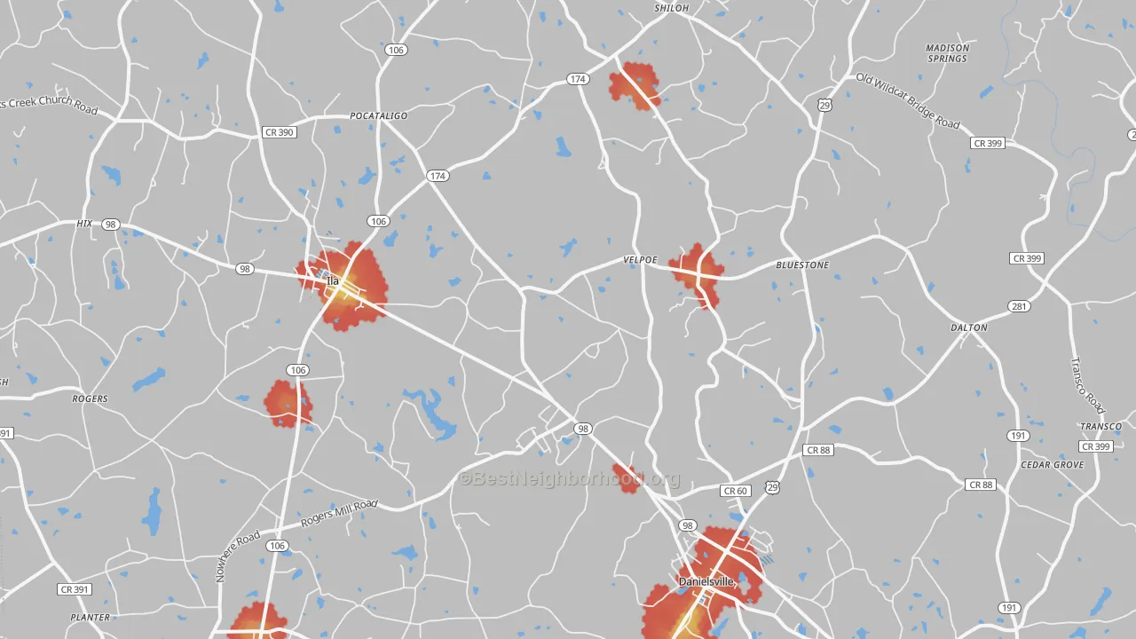 Walk Grade map of Danielsville, GA, walkable areas in green and car-dependent areas in red
