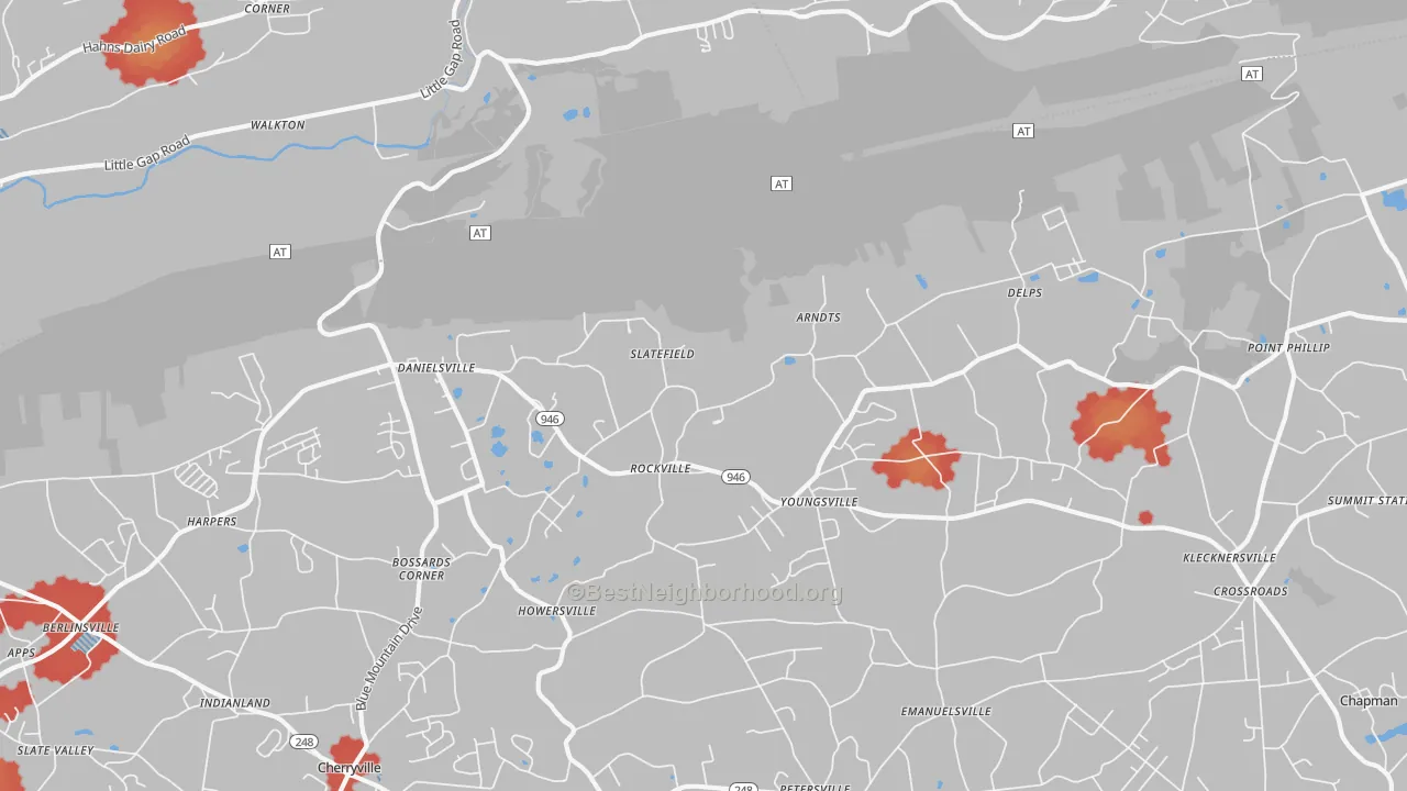 Walk Grade map of Danielsville, PA, walkable areas in green and car-dependent areas in red