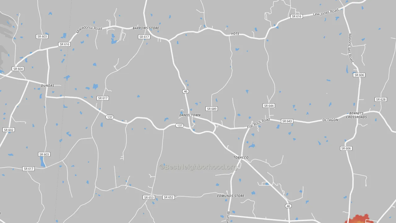 Walk Grade map of Danieltown, VA, walkable areas in green and car-dependent areas in red