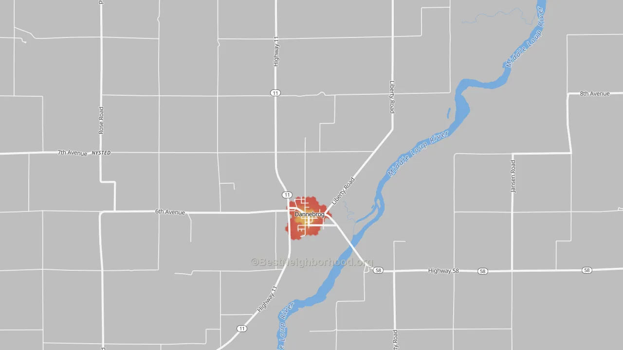 Walk Grade map of Dannebrog, NE, walkable areas in green and car-dependent areas in red