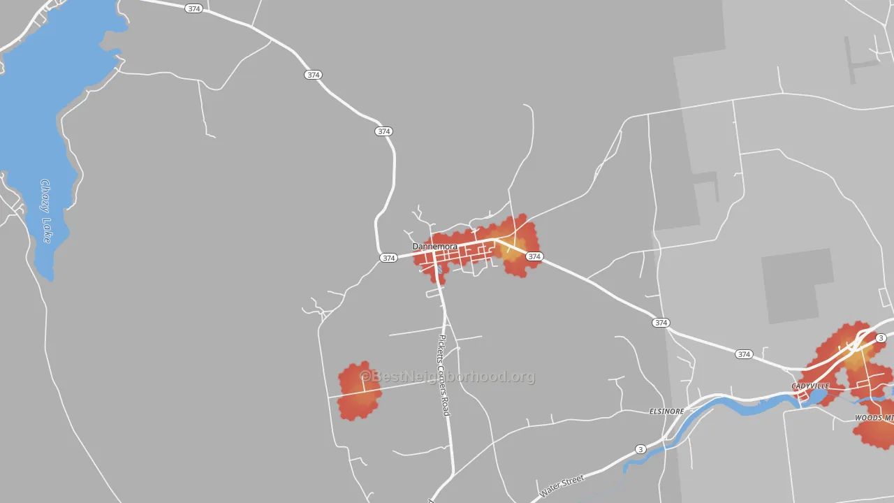 Walk Grade map of Dannemora, NY, walkable areas in green and car-dependent areas in red
