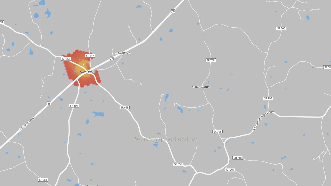 Walk Grade map of Danripple, VA, walkable areas in green and car-dependent areas in red