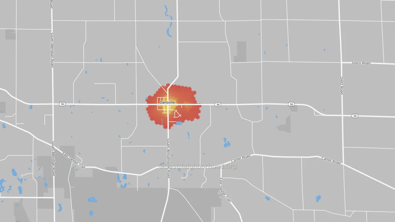 Walk Grade map of Dansville, MI, walkable areas in green and car-dependent areas in red