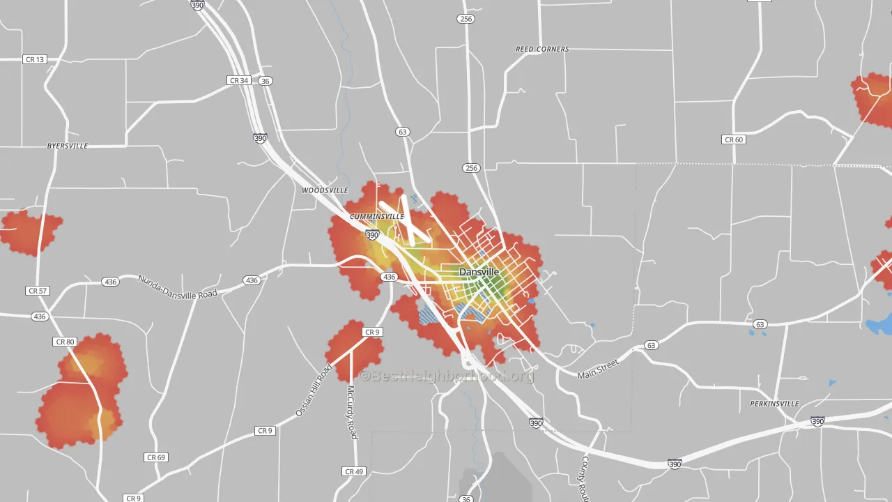 Walk Grade map of Dansville, NY, walkable areas in green and car-dependent areas in red