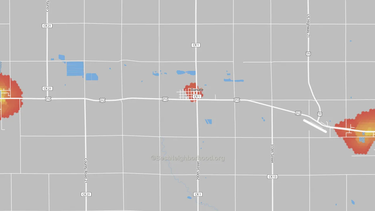 Walk Grade map of Danube, MN, walkable areas in green and car-dependent areas in red