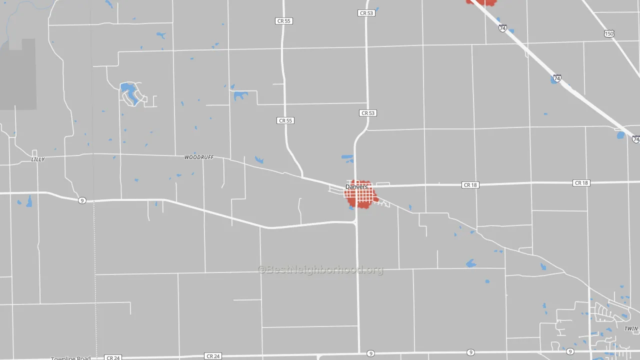 Walk Grade map of Danvers, IL, walkable areas in green and car-dependent areas in red