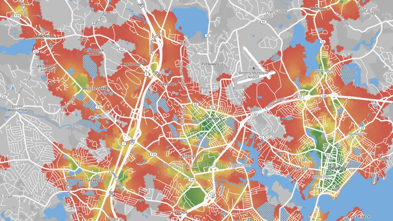 Walk Grade map of Danvers, MA, walkable areas in green and car-dependent areas in red