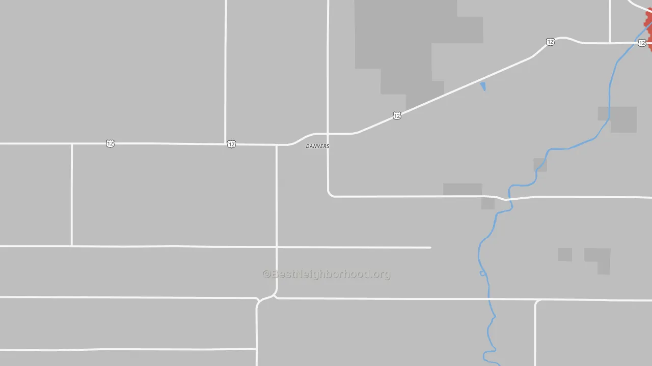 Walk Grade map of Danvers, MN, walkable areas in green and car-dependent areas in red