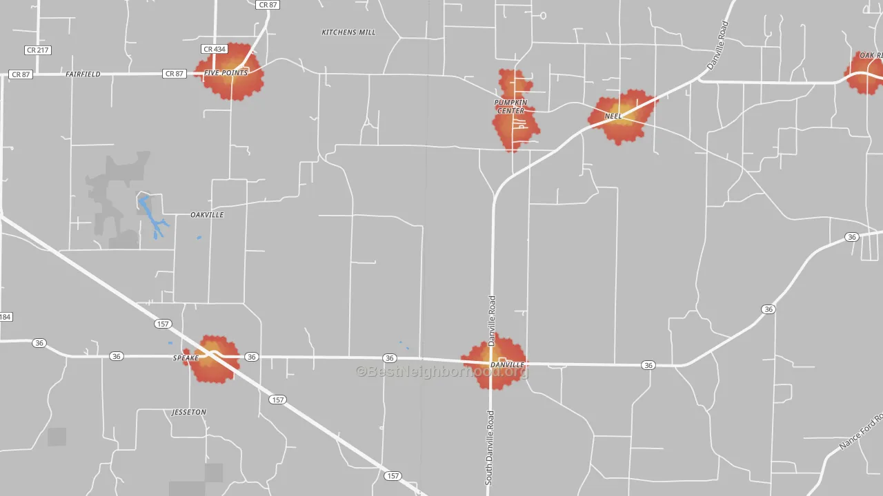 Walk Grade map of Danville, AL, walkable areas in green and car-dependent areas in red