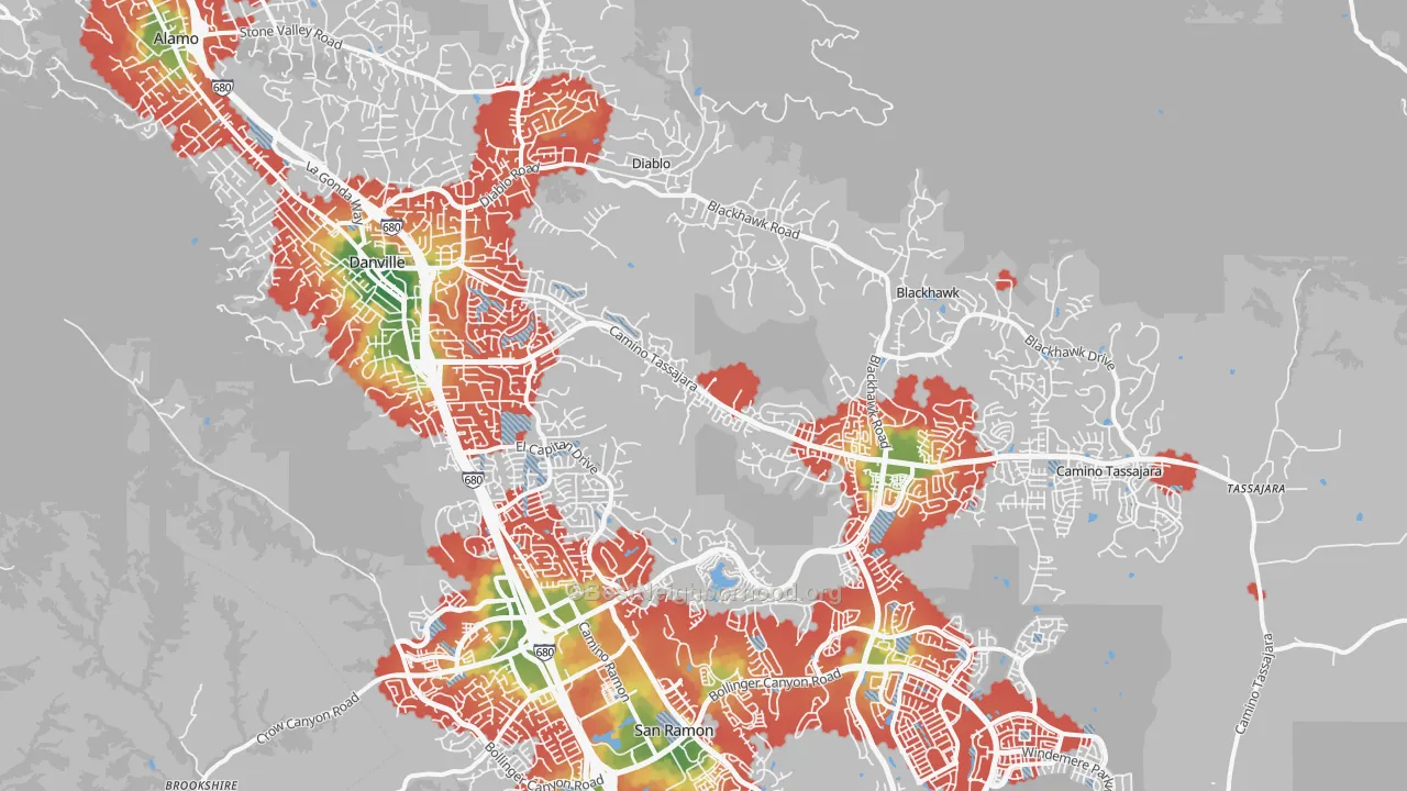 Walk Grade map of Danville, CA, walkable areas in green and car-dependent areas in red