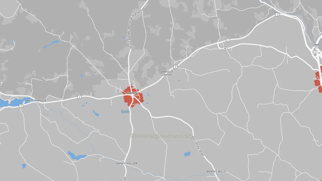 Walk Grade map of Danville Center, VT, walkable areas in green and car-dependent areas in red
