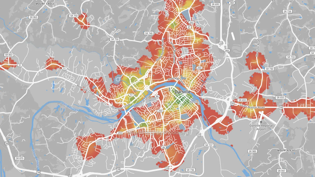 Walk Grade map of Danville City, VA, walkable areas in green and car-dependent areas in red